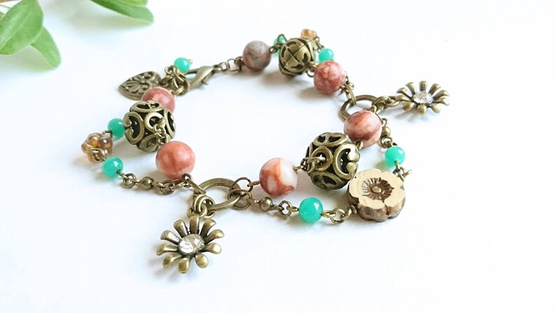 Jasper Bronze Flower Bracelet Hippy Bracelet Multistrand Boho Jewelry Gemstone Jewelry Boho Style Floral Orange Hippy Flower