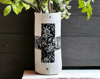 Handmade ceramic pitcher vase rose swiss cross hand-drawn modern tall ceramic vase housewarming gift modern vase for minimalist decor lover