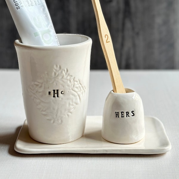 Handmade ceramic bathroom set personalized toothbrush holder tray cup set ceramic bathroom toothbrush accessory custom toothbrush holder set