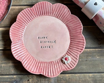 Personalized handmade pink scalloped ceramic birthday plate with white daisy birthday gift custom scalloped pink ceramic birthday plate