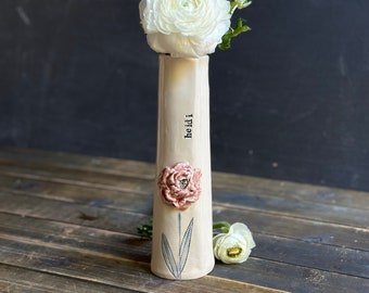 Personalized handmade ceramic tall bud vase pink peony custom ceramic vase for her personalized ceramic vase for her custom gift