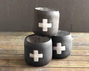 Handmade ceramic black clay planter. black clay container. swiss cross vase.