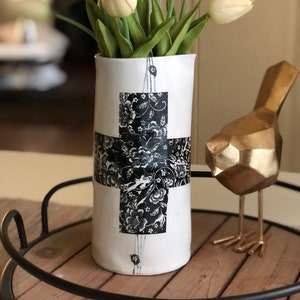 Handmade ceramic pitcher vase rose swiss cross hand-drawn modern tall ceramic vase housewarming gift modern vase for minimalist decor lover image 7