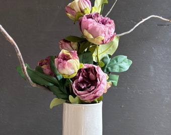 Purple Vintage Rustic Silk Peony Faux Flower Bouquet 3 Long stem dusty purple peony stems handmade ceramic vase gift and faux peony bundle