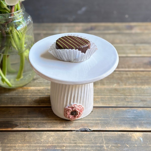Mini- pedestal cake stand with pink peony ribbed edge gift for her coffeetime handmade ceramic cake lover cupcake  pedestal dessert plate