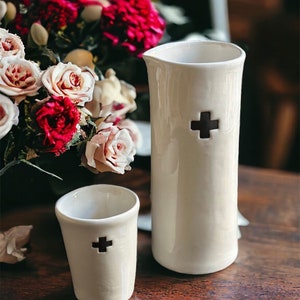 Handcrafted ceramic swiss cross motif carafe and cup set gift for couple housewarming bedside water set minimalist pourer swiss cross set image 1