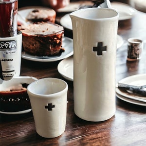 Handcrafted ceramic swiss cross motif carafe and cup set gift for couple housewarming bedside water set minimalist pourer swiss cross set SINGLE CUP