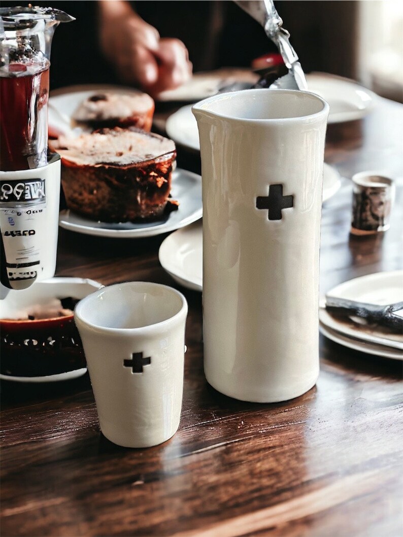 Handcrafted ceramic swiss cross motif carafe and cup set gift for couple housewarming bedside water set minimalist pourer swiss cross set SINGLE CUP