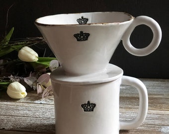 Crown Coffee Dripper & PourOver. Coffee Jug, Ceramic Pot, Handmade Ceramic Pour Over, Gift Set, Handmade Ceramic Dripper (ready to ship)