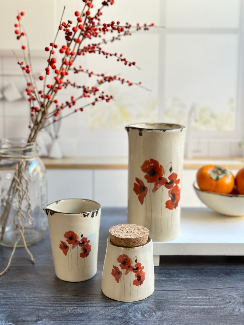 Red Poppy handmade ceramic Carafe Ceramic Poppy pourer Housewarming Gift image 9