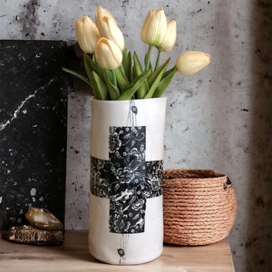 Handmade ceramic pitcher vase rose swiss cross hand-drawn modern tall ceramic vase housewarming gift modern vase for minimalist decor lover image 2