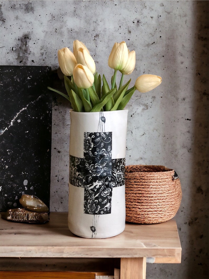 Handmade ceramic pitcher vase rose swiss cross hand-drawn modern tall ceramic vase housewarming gift modern vase for minimalist decor lover image 2