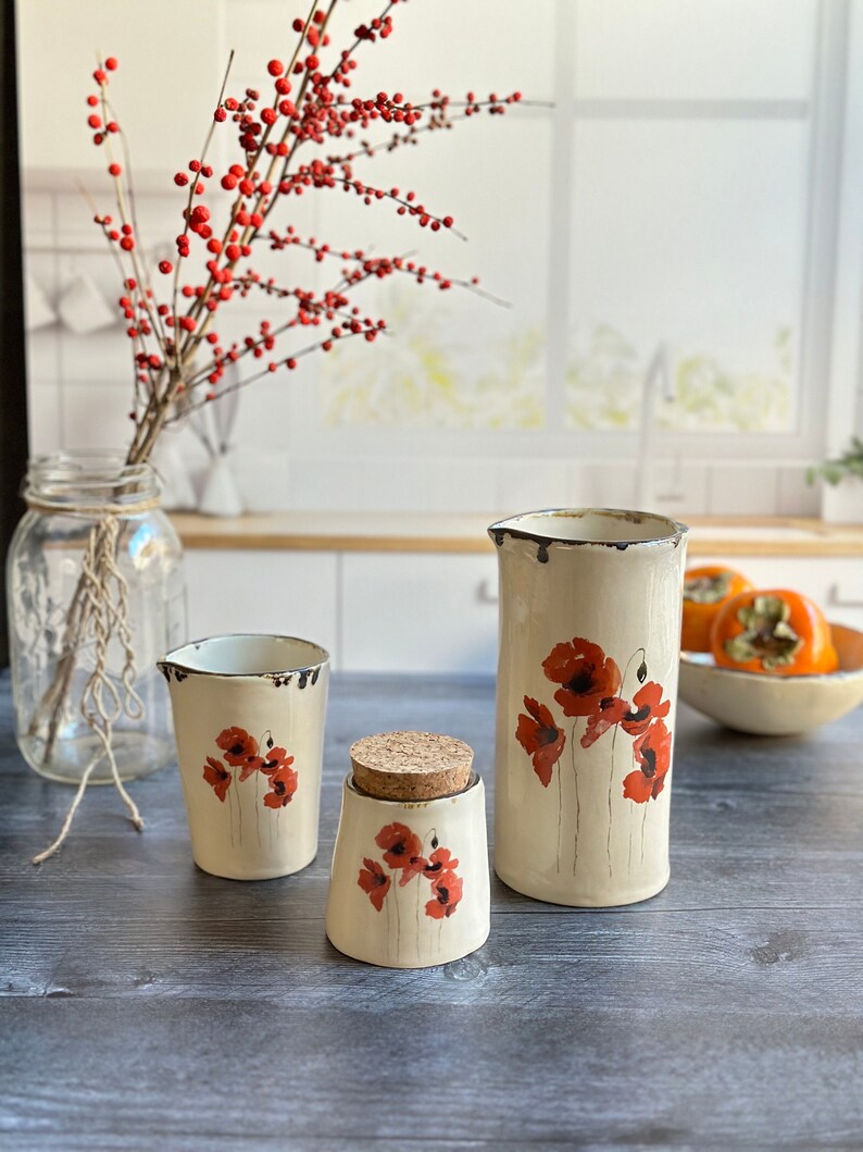 Red Poppy handmade ceramic Carafe Ceramic Poppy pourer Housewarming Gift image 2