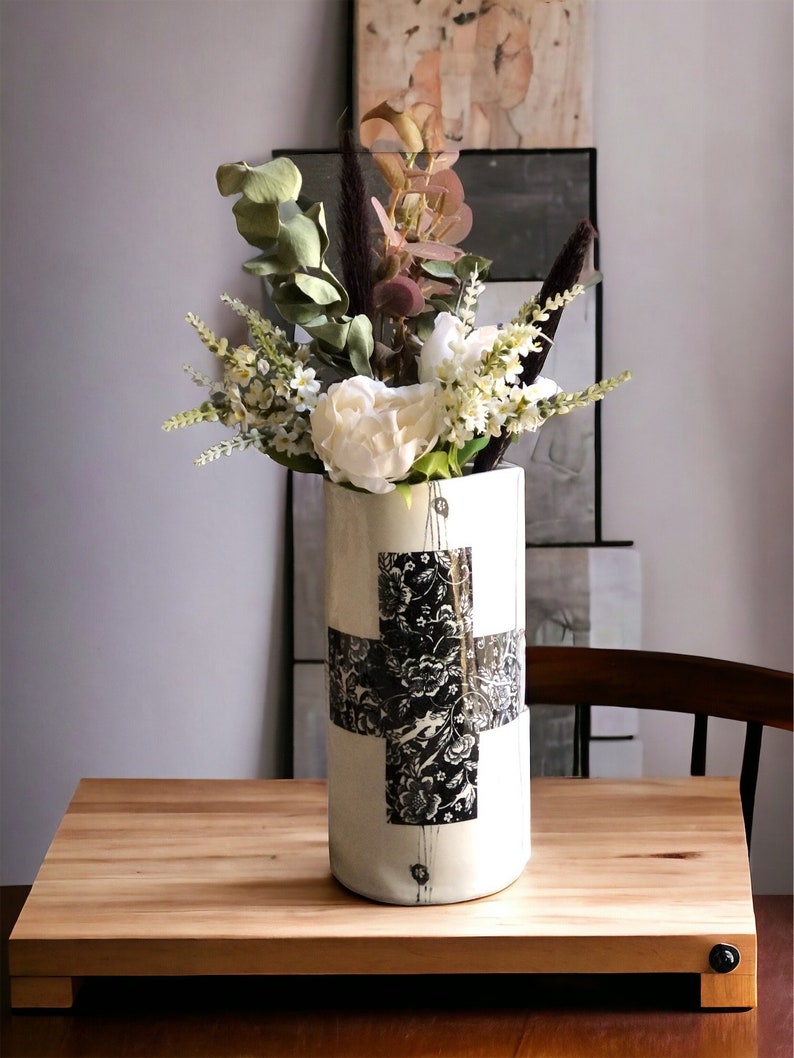 Handmade ceramic pitcher vase rose swiss cross hand-drawn modern tall ceramic vase housewarming gift modern vase for minimalist decor lover image 5