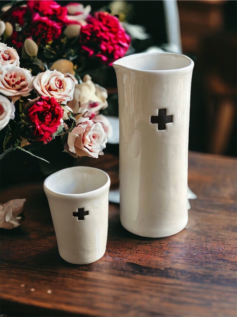 Handcrafted ceramic swiss cross motif carafe and cup set gift for couple housewarming bedside water set minimalist pourer swiss cross set image 1