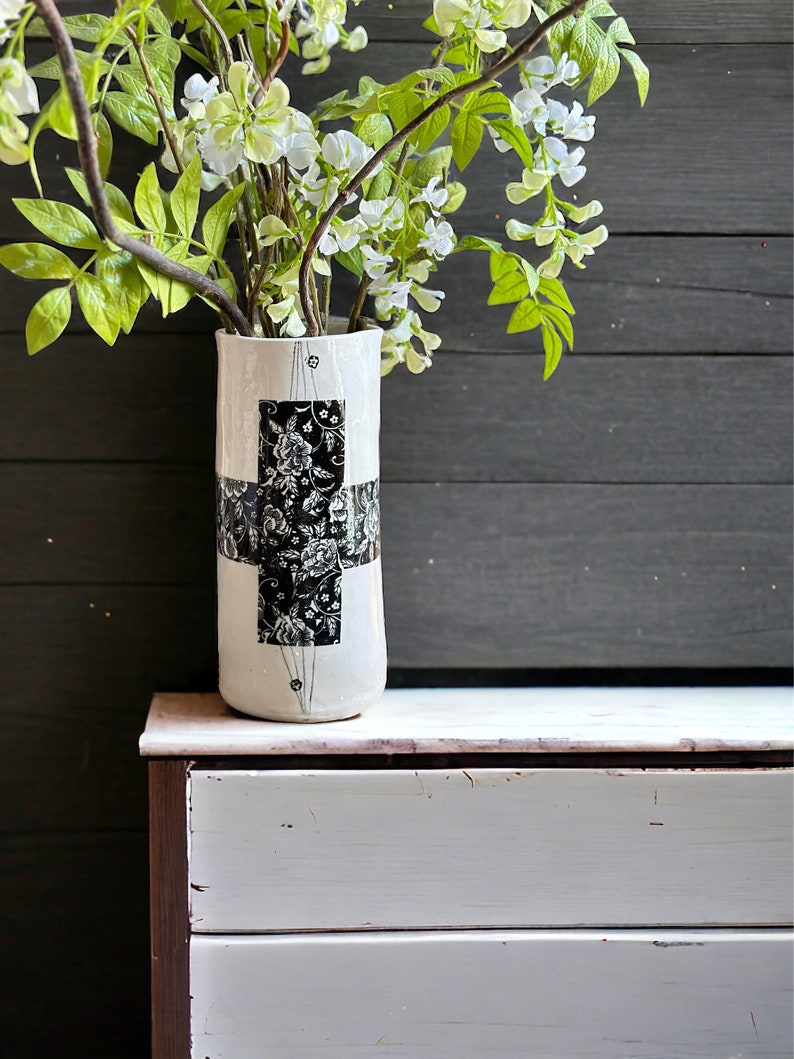 Handmade ceramic pitcher vase rose swiss cross hand-drawn modern tall ceramic vase housewarming gift modern vase for minimalist decor lover image 1