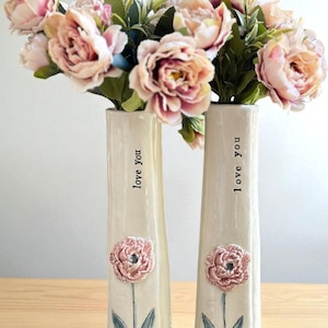 Personalized Ceramic Bud Vase with Pink Peony Flower Custom Name Gift for Mom Friends Her Handmade Pottery Vase Cream or Soft Pink