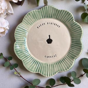 Personalized Birthday Plate for Boys Kids or Men Custom Name Ceramic Plate Gift Handmade Blue Green Gray Glaze First Birthday Keepsake