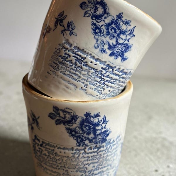 Handmade Blue Floral Ceramic Espresso Cup – 6 oz Pottery Coffee Mug with Gold Rim