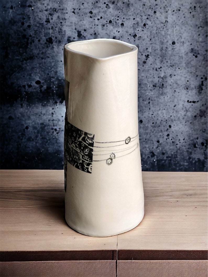 Handmade ceramic pitcher vase rose swiss cross hand-drawn modern tall ceramic vase housewarming gift modern vase for minimalist decor lover image 8