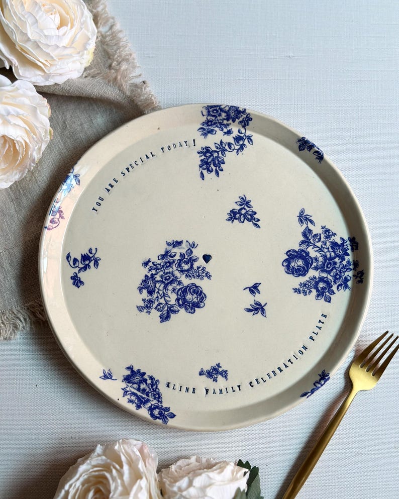 Family celebration 10 plate personalized handmade ceramic custom plate with blue flowers and cream glaze anniversary special event gift