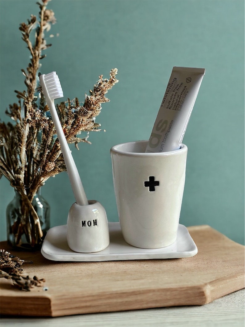 Handmade ceramic bathroom set personalized toothbrush holder tray cup set