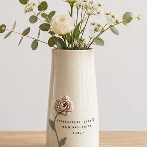 Large Personalized Ceramic Vase with Pink Peony Flower Handmade Pottery Centerpiece Wedding Gift Anniversary Decor Custom Name Gift Vase