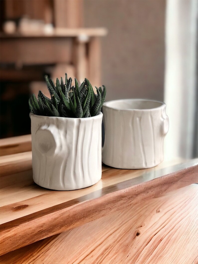 Handmade Ceramic white woodgrain planter housewarming gift modern succulent white planter Woodgrain planter image 3