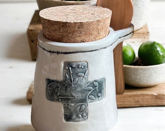 Handmade ceramic sugar cellar with minimalist Swiss Cross design cork lid and wooden spoon coffee lover handmade sugar cellar with spoon