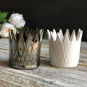 Silver crown handmade ceramic tealight holder votice holder & match cloche gift set crown home decor housewarming gift crown tealight holder WHITE + SILVER SET