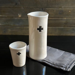 Handcrafted ceramic swiss cross motif carafe and cup set gift for couple housewarming bedside water set minimalist pourer swiss cross set image 5