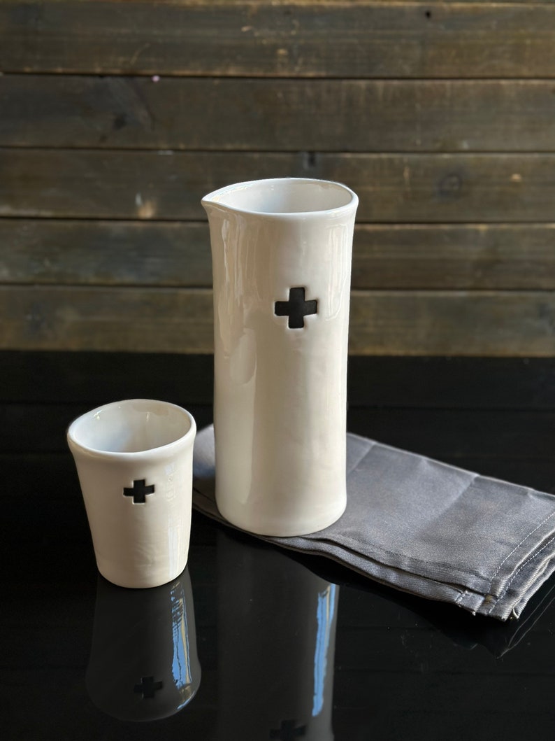 Handcrafted ceramic swiss cross motif carafe and cup set gift for couple housewarming bedside water set minimalist pourer swiss cross set image 5