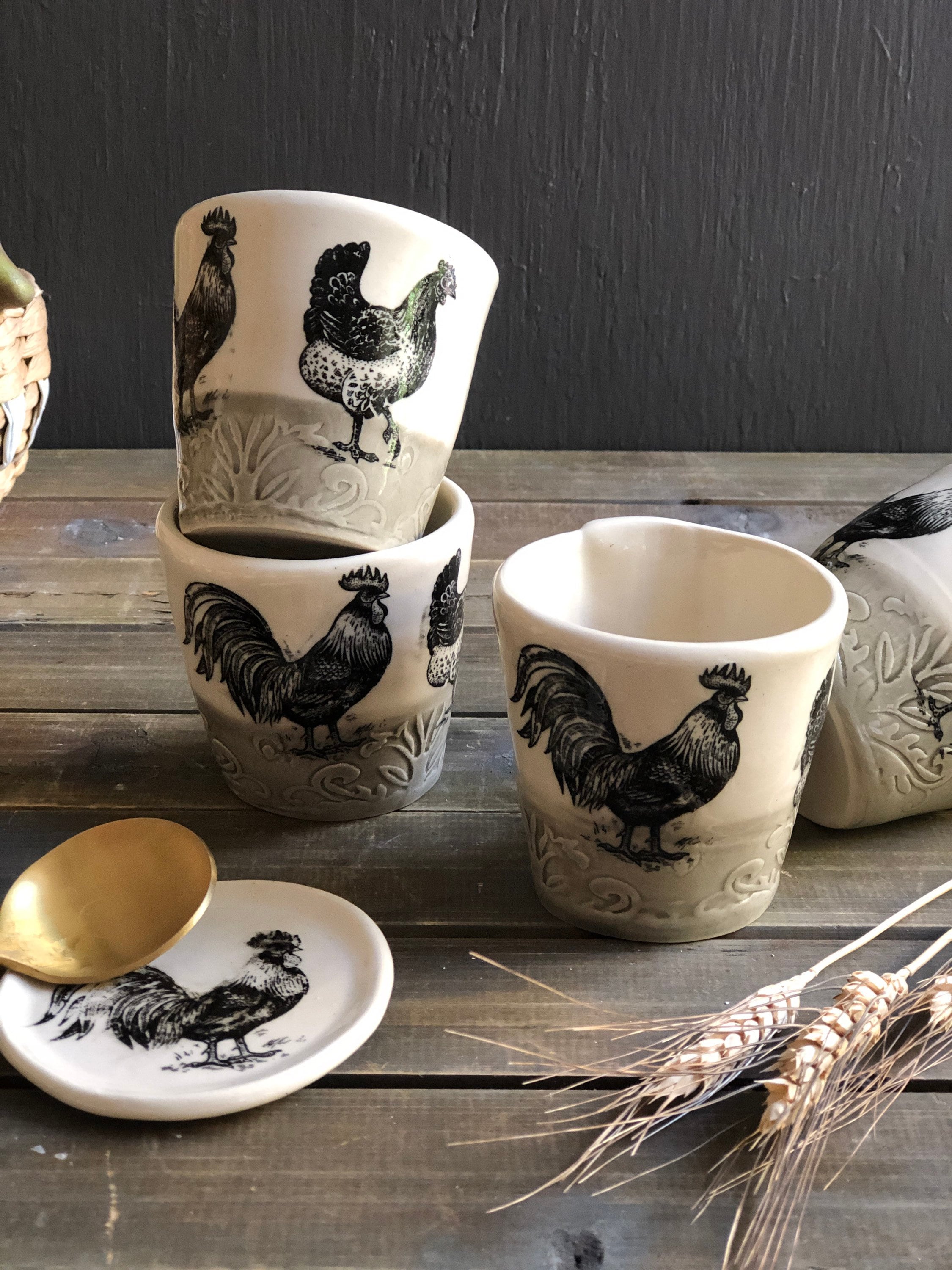 Vintage White Coffee Cups, White Mugs, Chicken Mug, Chicken Coffee Cup.  Chicken Lover, Farmhouse Decor, Black White Chicken Cups 