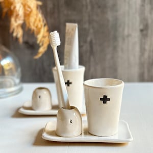 Handmade ceramic bathroom set personalized toothbrush holder tray cup set