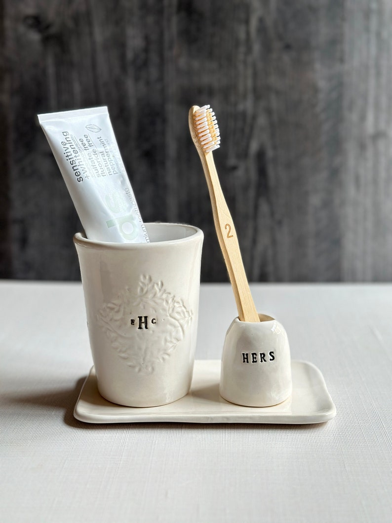 Handmade ceramic bathroom set personalized toothbrush holder tray cup set ceramic bathroom toothbrush accessory custom toothbrush holder set image 1