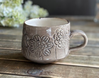 Handmade ceramic round bottom flower mug handstamped  midcentury ceramic mug gray and white coffee mug ceramic 12 oz handmade coffee cup