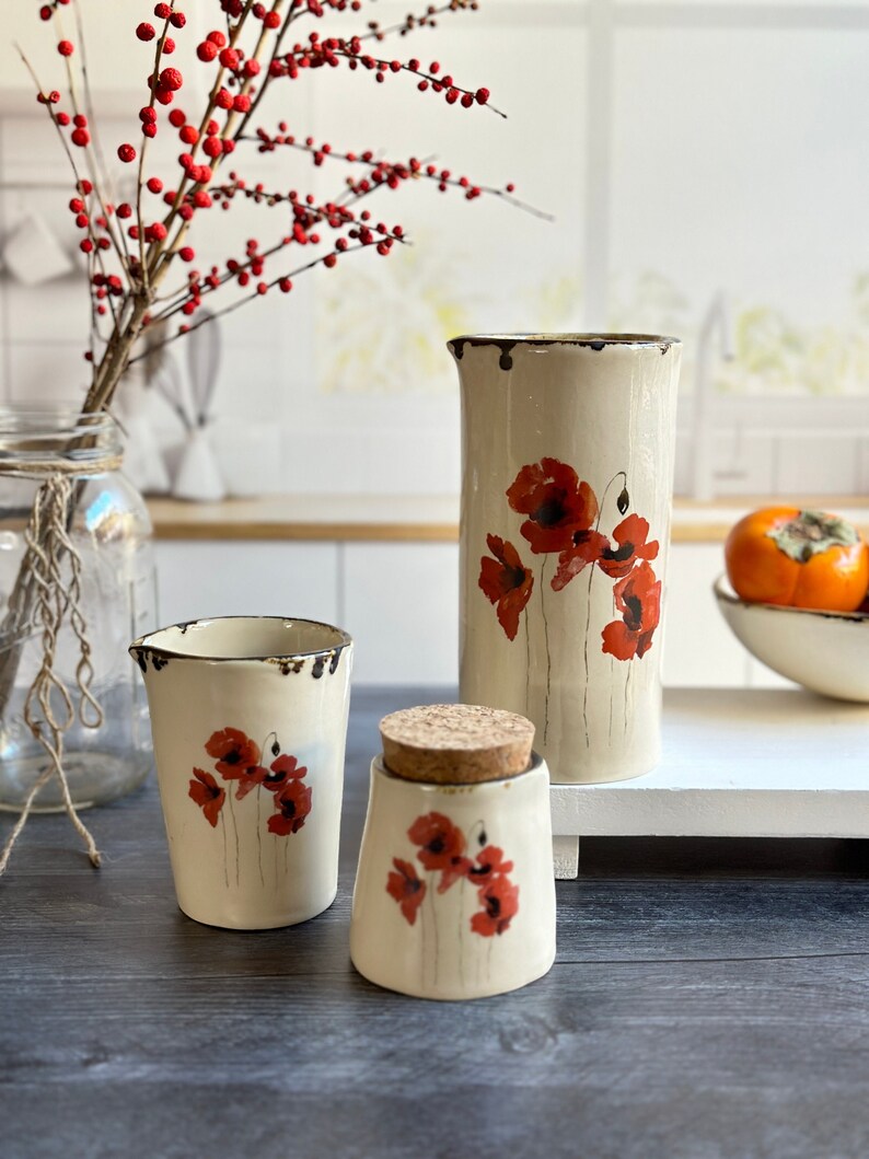 Red Poppy handmade ceramic Carafe Ceramic Poppy pourer Housewarming Gift image 5