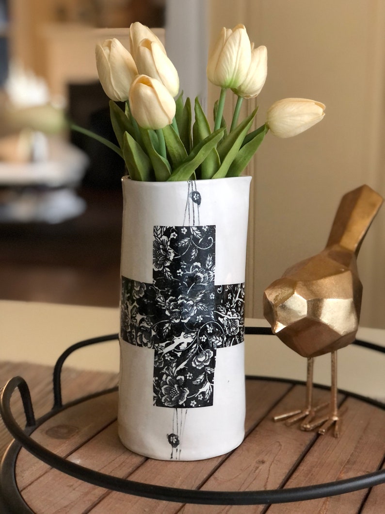 Handmade ceramic pitcher vase rose swiss cross hand-drawn modern tall ceramic vase housewarming gift modern vase for minimalist decor lover image 7