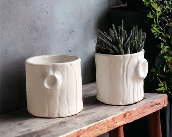 Handgefertigter weißer Übertopf aus Keramik mit Holzmaserung, Einweihungsgeschenk, moderner saftiger weißer Übertopf mit Holzmaserung