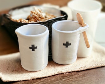 Handmade ceramic cream and sugar set minimalist swiss cross motif kitchenware creamer and sugar set for couple housewarming gift swiss cross