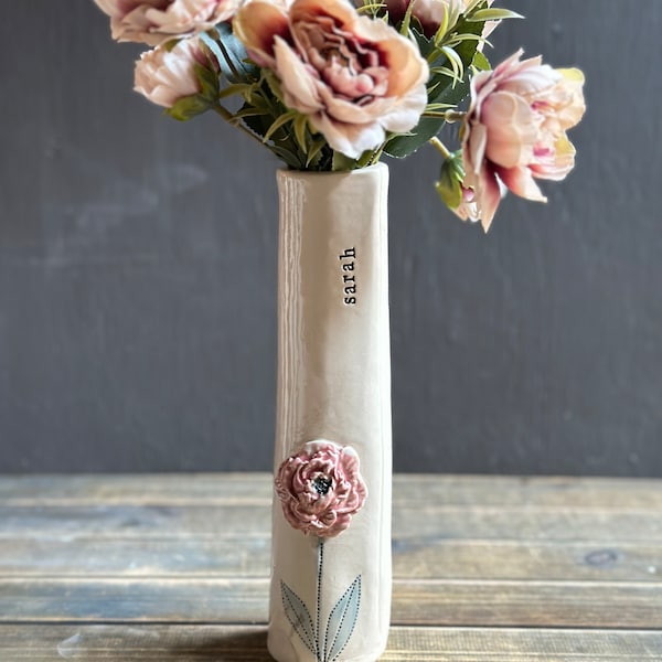 Personalized handmade ceramic tall bud vase pink peony custom ceramic vase for her personalized ceramic vase for her custom gift