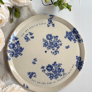 Personalized Ceramic Plate – Family Celebration 10” Handmade Plate with Blue Flowers, Custom Anniversary or Special Event Gift