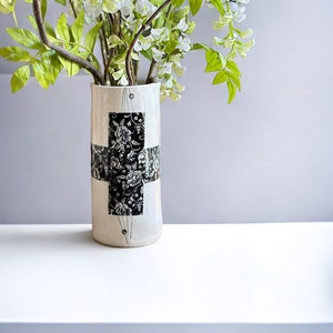 Handmade ceramic pitcher vase rose swiss cross hand-drawn modern tall ceramic vase housewarming gift modern vase for minimalist decor lover image 4