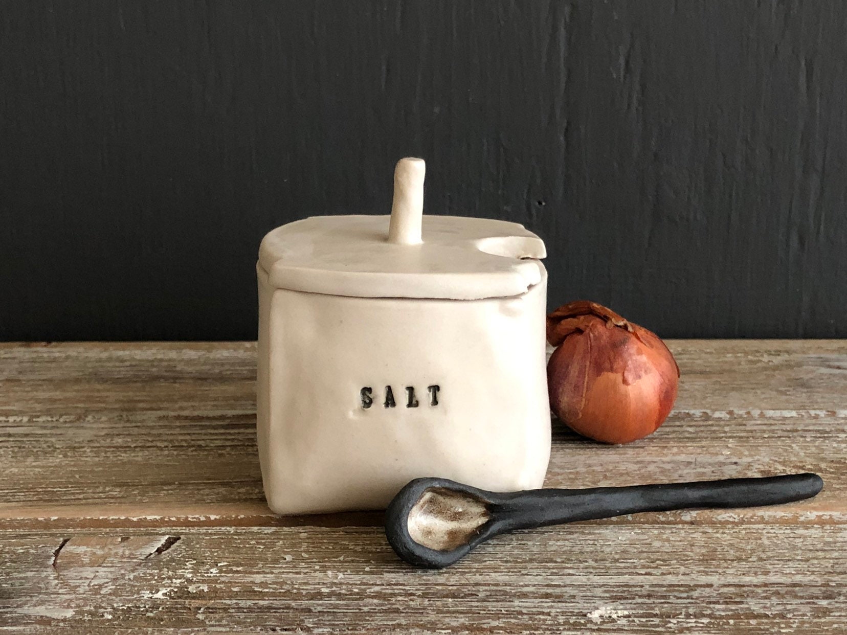 Handmade ceramic SALT cellar with lid and ceramic spoon Etsy