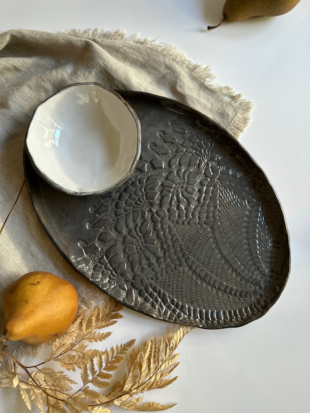 Handmade Ceramic Serving Platter/ Gray and Gold Serving Platter/dipping