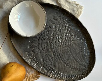 Handmade ceramic serving platter/ Gray and gold serving platter/Dipping Bowls