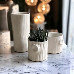 Handmade Ceramic white woodgrain planter housewarming gift modern succulent white planter Woodgrain planter image 8