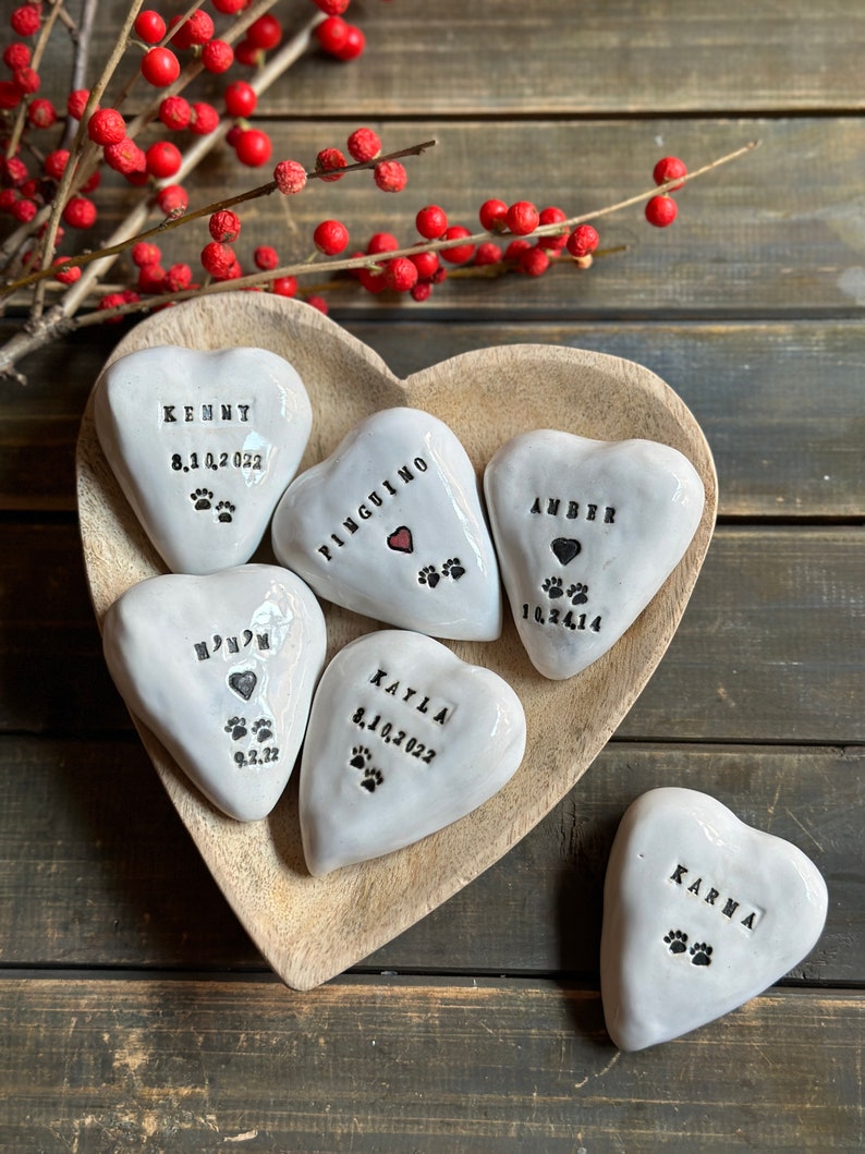Pet Memorial Ceramic Heart Stone Engraved Ceramic Heart Stone with Your Pet Name Paw Print Pet keepsake Personalized Heart Pet Remembrance image 1
