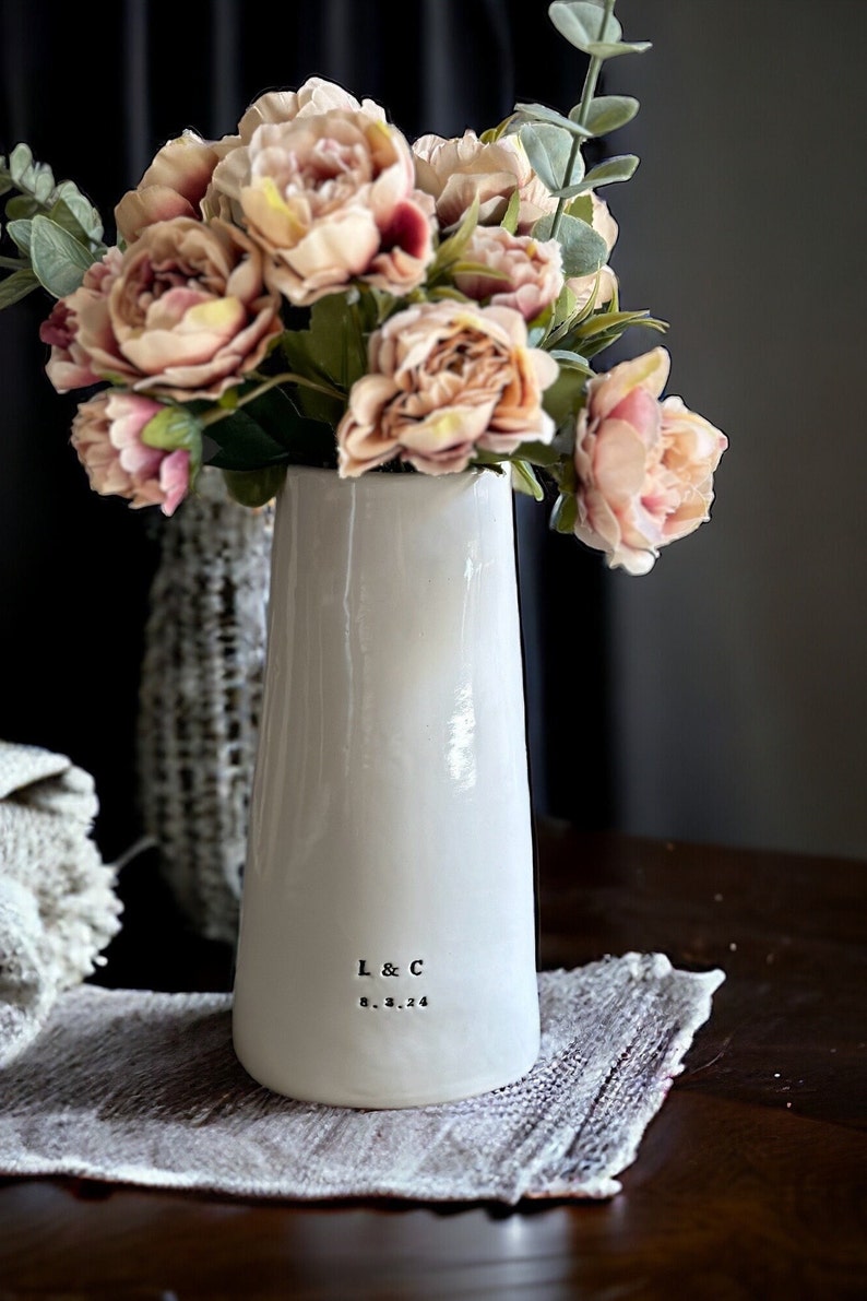Custom anniversary gift for wife or couple personalized handmade ceramic flower vase personalized wedding gift custom engraved flower vase image 9