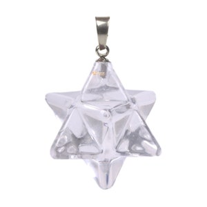 May include: A clear crystal Star of David pendant with a silver bail. The pendant is a geometric shape with six points and is made of clear quartz.